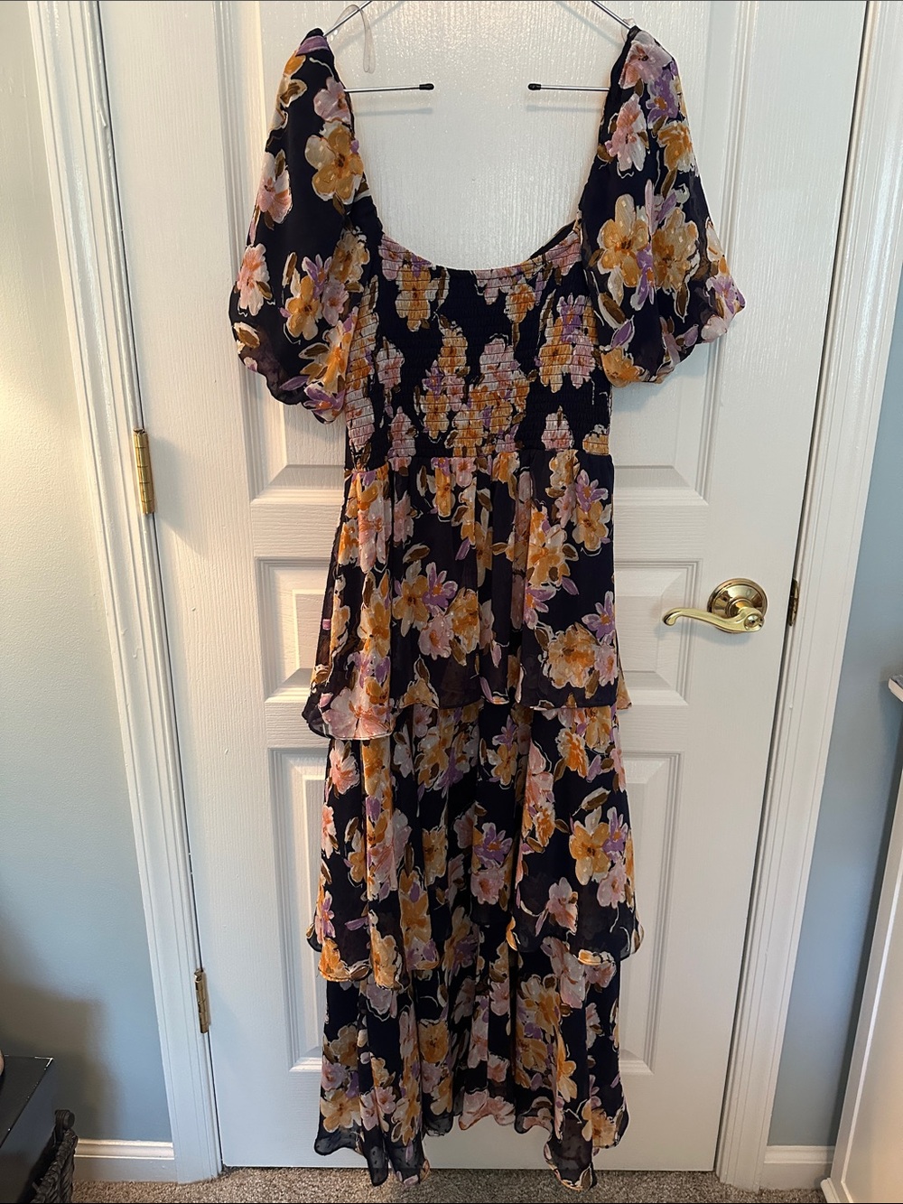 Lush Navy & Orange Women’s Cottagecore Floral Puff-Sleeve Tiered Maxi Dress Sz M - Picture 8 of 11